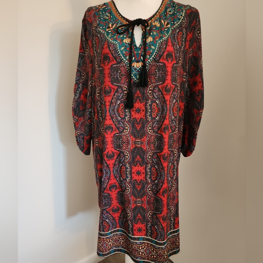 Women's Boho Paisley Print Bohemian Long Sleeve Shift Dress, Size XL.